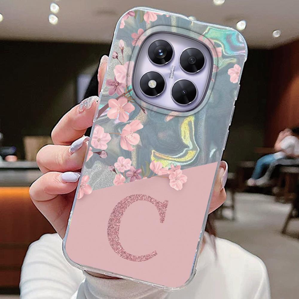 Initial Letter A Z Case For Xiaomi Redmi 13T 14T  Note 13 14 Pro Plus 5G Poco X6 Cover Pink Flowers Silicone Back Fundas Bumper