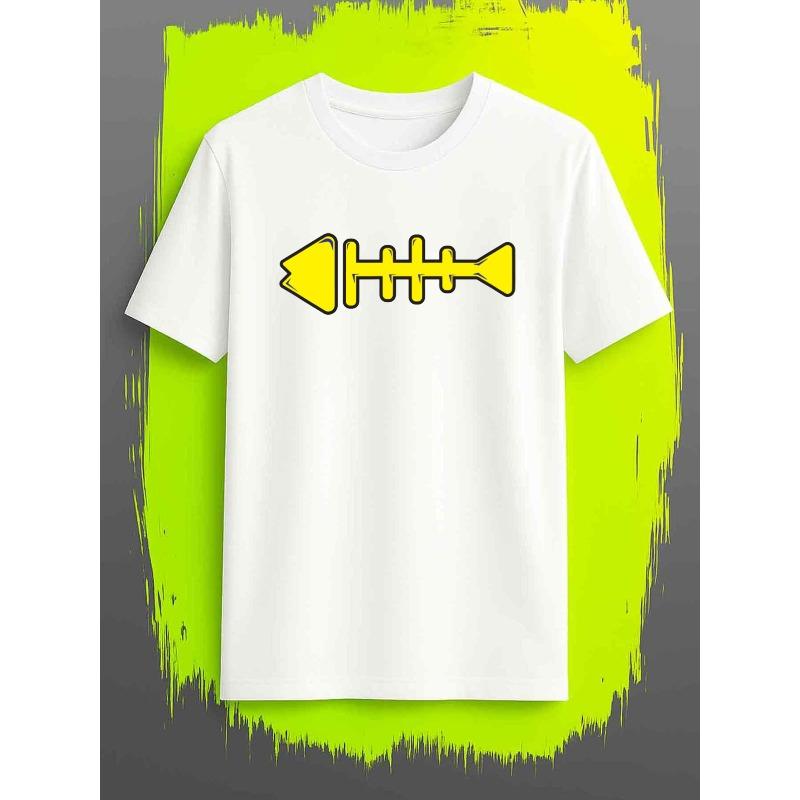 

Men sFishbone T-Shirt - White with Yellow Fish Scale Print & Bone Pattern, Short Sleeve Round Neck Casual Tee for Fishing, Outdoor Activities S белый