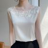 Silk T-shirt for Women Spring and Summer Round Neck Sleeveless Vest T-shirt Mesh Splicing Top Versatile Bottoming Shirt