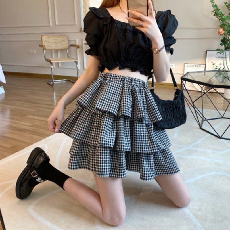 Black and White Check Cake Skirt Women's Elastic Waist A-word Ruffle Edge Pleats Puffy Skirt Sexy Sweet Gothic Preppy Style Spring Summer