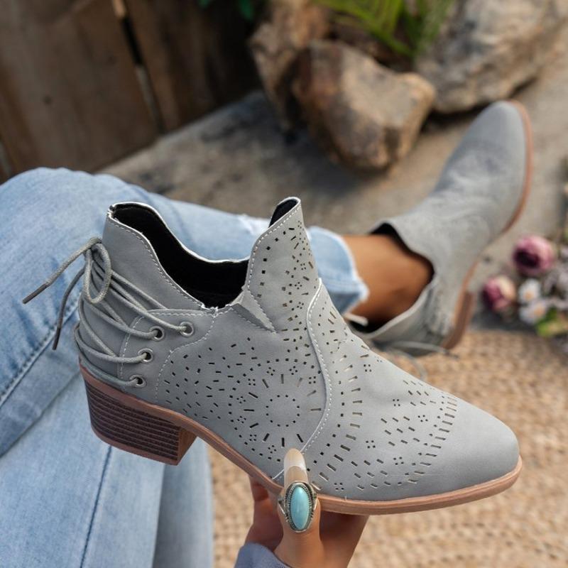 

Новые замшевые ботильоны с вырезами, круглым носком, V-образным вырезом, молнией сзади, средним каблуком, универсальные повседневные ботинки 36 серый