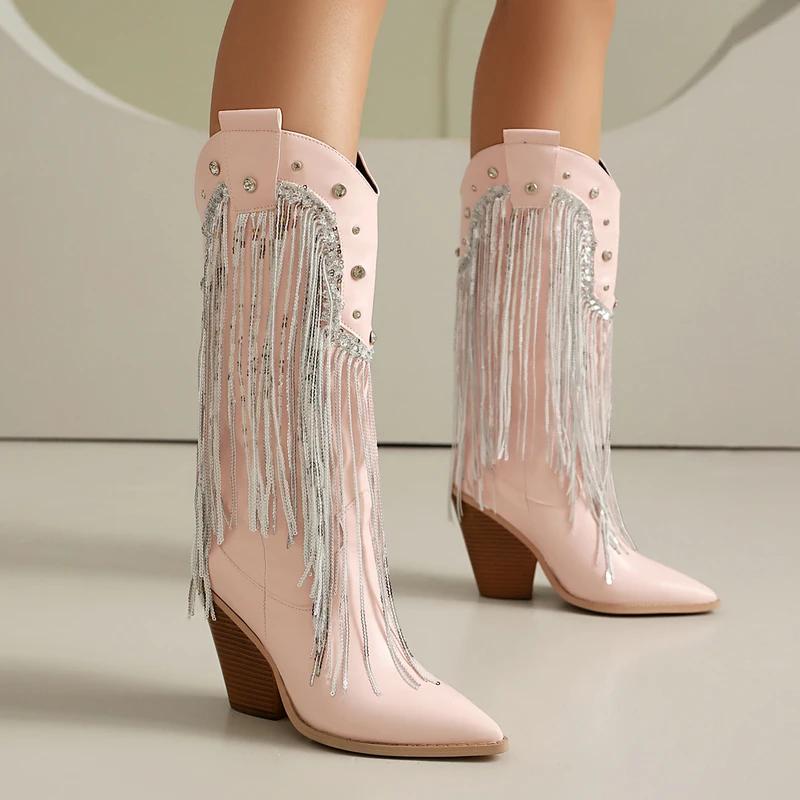 Fashion Ivory Rose Color Pointed Toe Western Cowboy Boots with Sequins Fringes Chunky High Heels Knee-high Glitter Mid-calf Boot Shoes