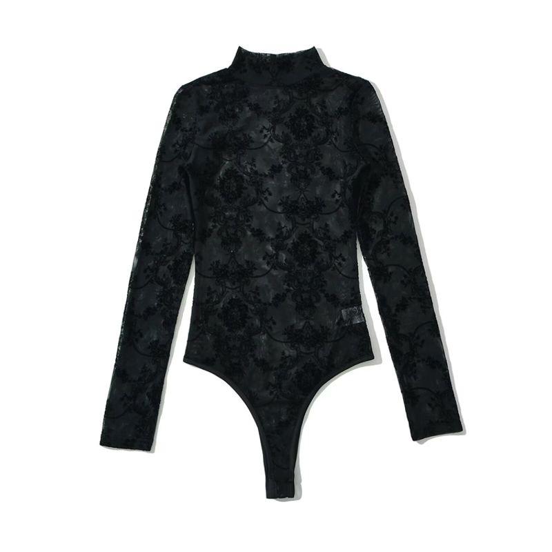 

Za2024 Summer New Product Women s Clothes Long Sleeves Bottoming Shirt Sexy Slimming Beam Waist Flocking Mesh Stand Collar Jumpsuit Black S