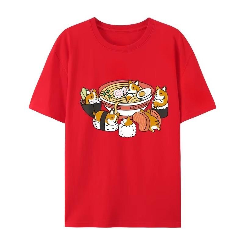 Ramen Sushi Corgi Dog Camisa Top women men T-Shirts Tees Pure Cotton Casual Tshirts Printing Boy Autumn and winter innerwear