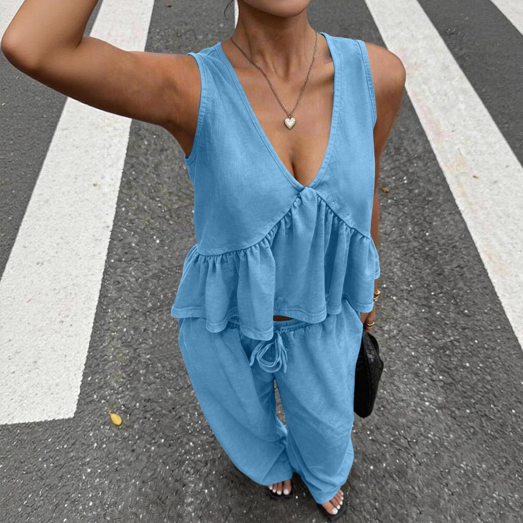 Ladies' Casual V-neck Sleeveless Vest And Pants Set