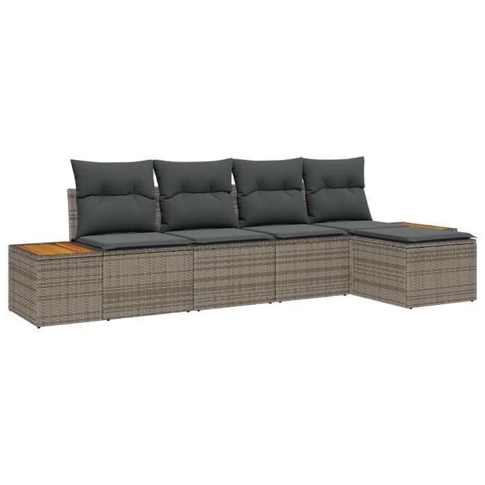 VidaXL Ensemble de Canapé de Jardin 5 Pièces avec Coussins Gris Rattan Acacia 3348065