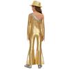 Girls Off Shoulder Jumpsuit Long Sleeve Sequin Tassel Detail Slit Bell Bottom Metallic Romper Hat Included