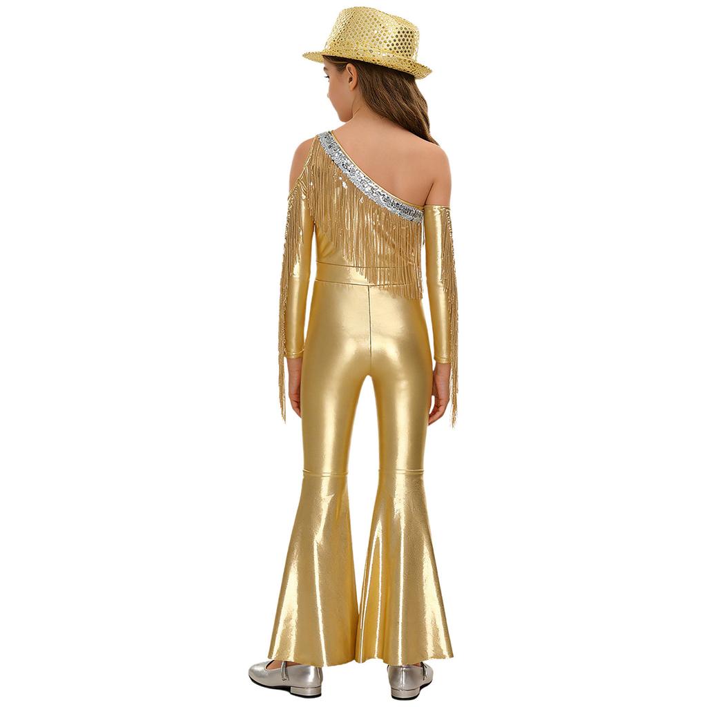 Girls Off Shoulder Jumpsuit Long Sleeve Sequin Tassel Detail Slit Bell Bottom Metallic Romper Hat Included