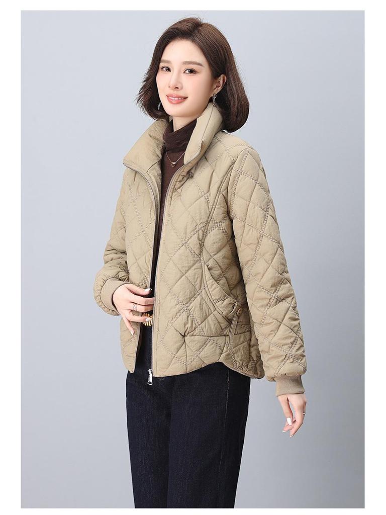 Dámská prošívaná teplá bunda s diamantovým prošíváním 2024: Volný střih, Nadměrná velikost, Stojáček
