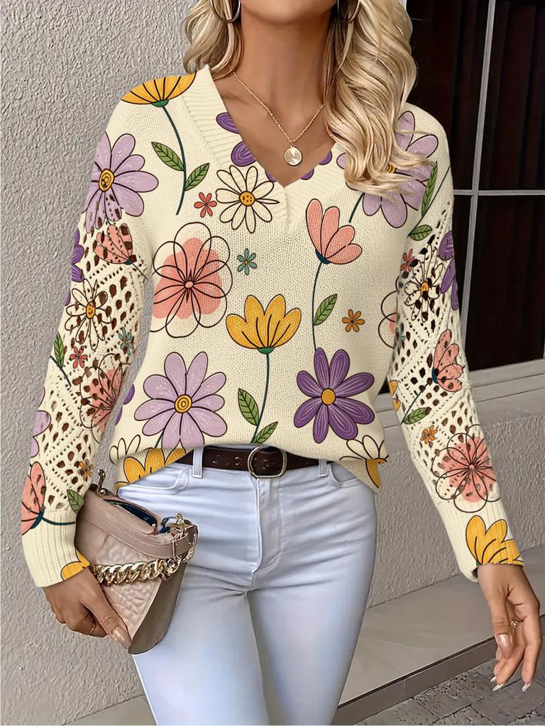 Neues bedrucktes V-Ausschnitt-Oberteil Damen beliebter Pullover Langarm Frühling und Herbst Pullover