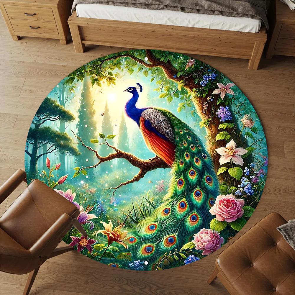 1pc Peacock Flowers Round Chair Mat Area Rug - Non-Slip, Floor Mat for Office, Bedroom, and Indoor Decor C1125203