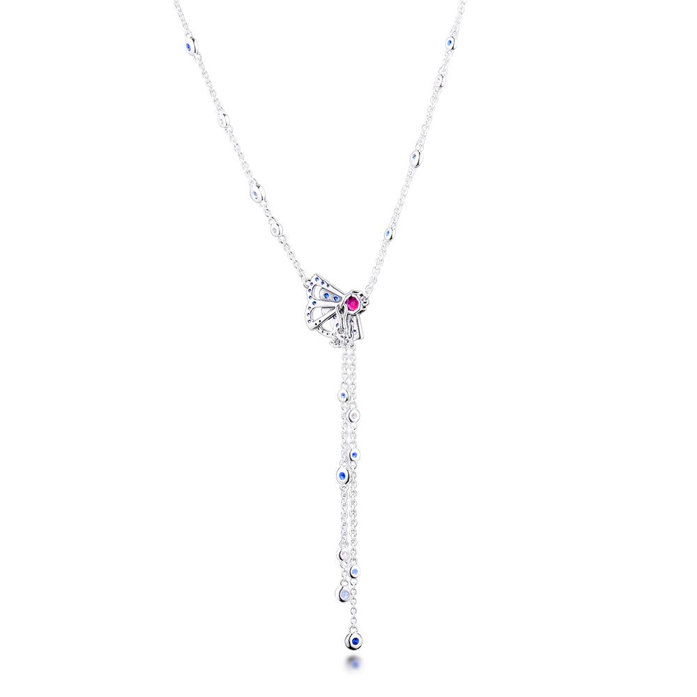 Authentic 925 Sterling Silver Blue & Pink Fan Y-Necklace Chain Pendants Necklaces for Women Fine Jewelry Collier Female