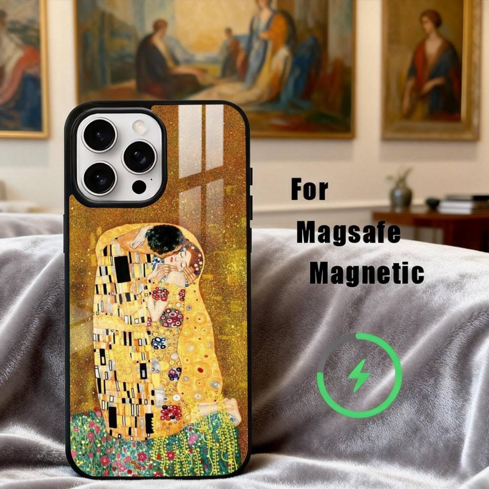 Custodia per Telefono Pittura "Il Bacio" di Gustav Klimt Per iPhone17,16,15,14,13,12,11 Plus,Pro Max Magnetica Per Ricarica Wireless Magsafe