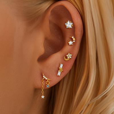 5PCS Stainless Steel Star Moon Chain Stud Earrings Set for Women Creative 18K Gold Plated Ear Piercing Earring Wedding Jewelry