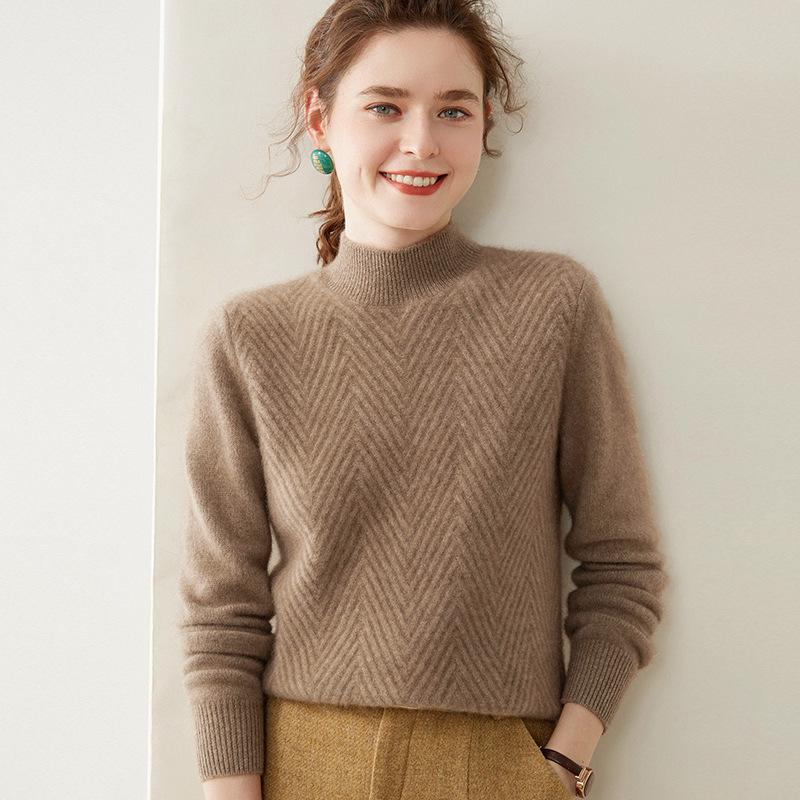 Women's Cashmere V-Neck Twill Sweater - Half-High Collar, Long Sleeve, Loose Fit, Slimming Base Layer for Autumn & Winter.