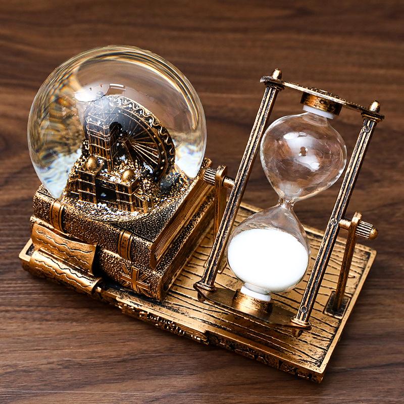 Vintage Eiffel Tower Hourglass Timer Crystal Ball Musical Box Illuminated Desk Decor 15 Minute Hourglass For Students Graduation Christmas Gift
