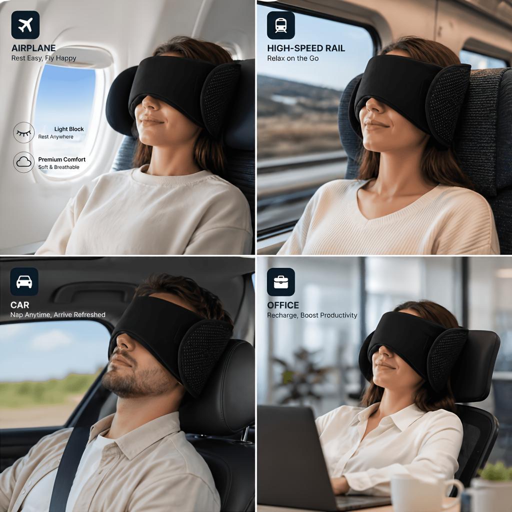 2-in-1 Travel Sleep Kit with Detachable Memory Headrest and Blackout Eye Mask, Breathable Neck Support for Plane, Train and Car