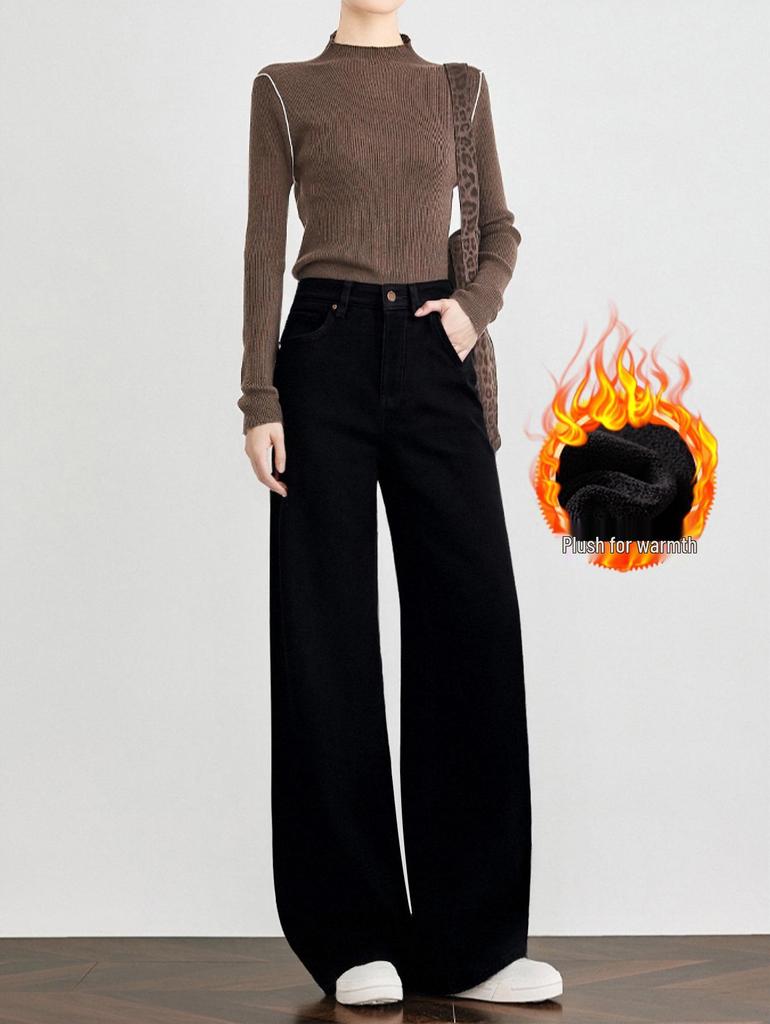 Women's High Waist Velvet Plus Wide-Leg White Jeans - Winter Thickened for a Longer Leg Look