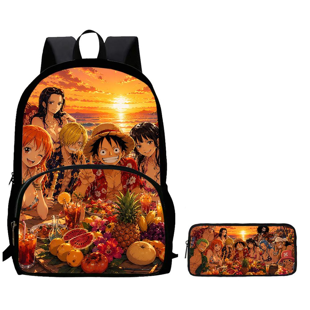 Cartoon ONE PIECE 2Pcs Set Mochila Lightweight Large Capacity Front Pocket School Backpack with Pencil Case for Boys Girls Trip