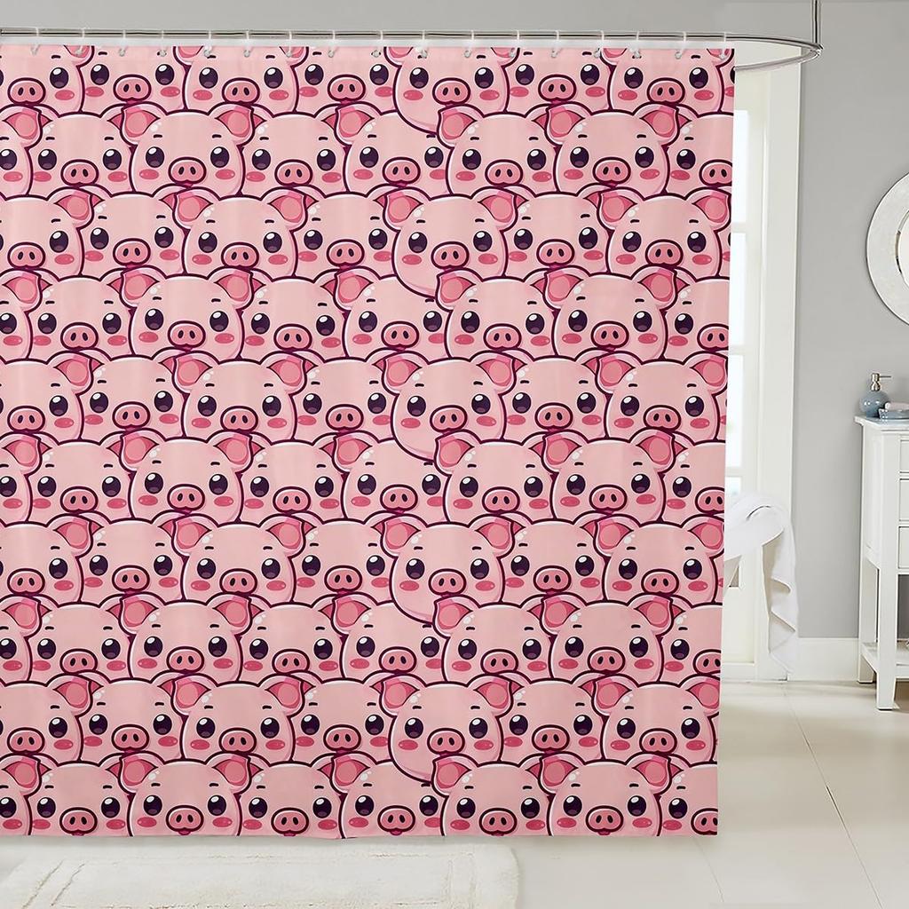 Pink Pig Shower Curtain, Lovely Animal Piggy Bath Curtain Western Animals Bathroom Decor Romantic Rose Flowers Bathroom Curtain