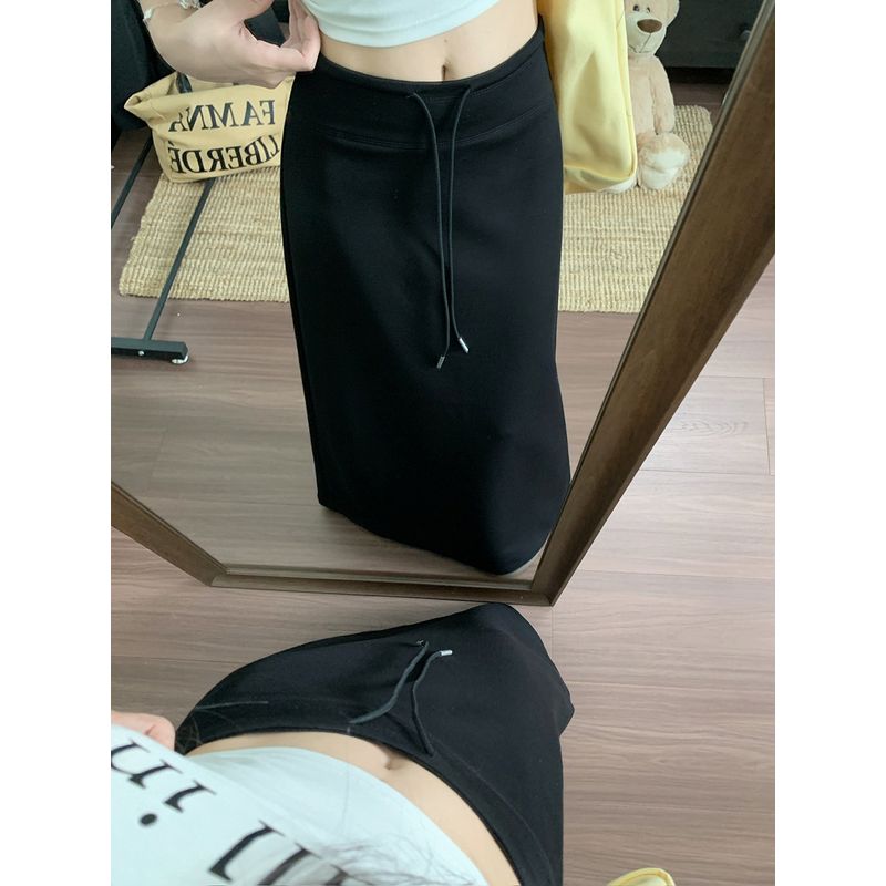 Korean Drawstring Split Skirt Draping Effect A- line Skirt Women's Autumn High Waist All-Matching Straight Skirt Gray Long Skirt