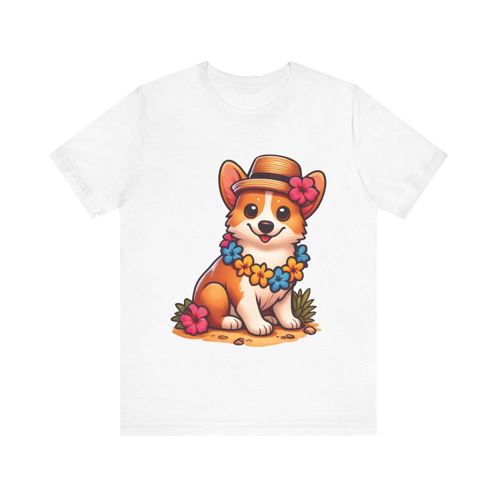 Kawaii Corgi Hawaiian Tropical Dog – Cute Aesthetic Corgi with Lei & Hat T-Shirt XL