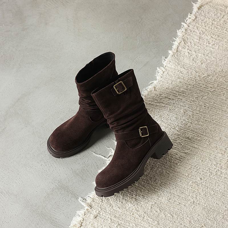 Krazing Pot Cow Suede Nubuck Winter Round Toe Western Boots Med Heels Slip On Metal Buckles Women Mid-calf Boots