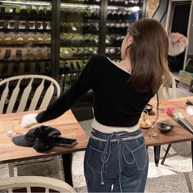 Damski sweter z długim rękawem, casualowy top z dzianiny z dekoltem w serek i łączonymi kolorami