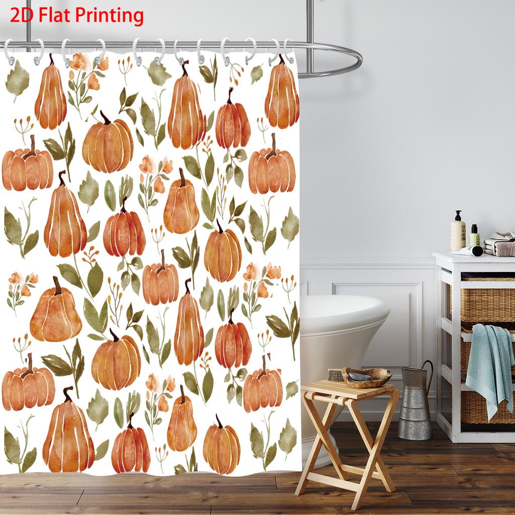 1Pc Harvest Festival Autumn Pumpkin Print Waterproof Shower Privacy Hanging Curtain 12 Hook Multiple Sizes Machine Washable