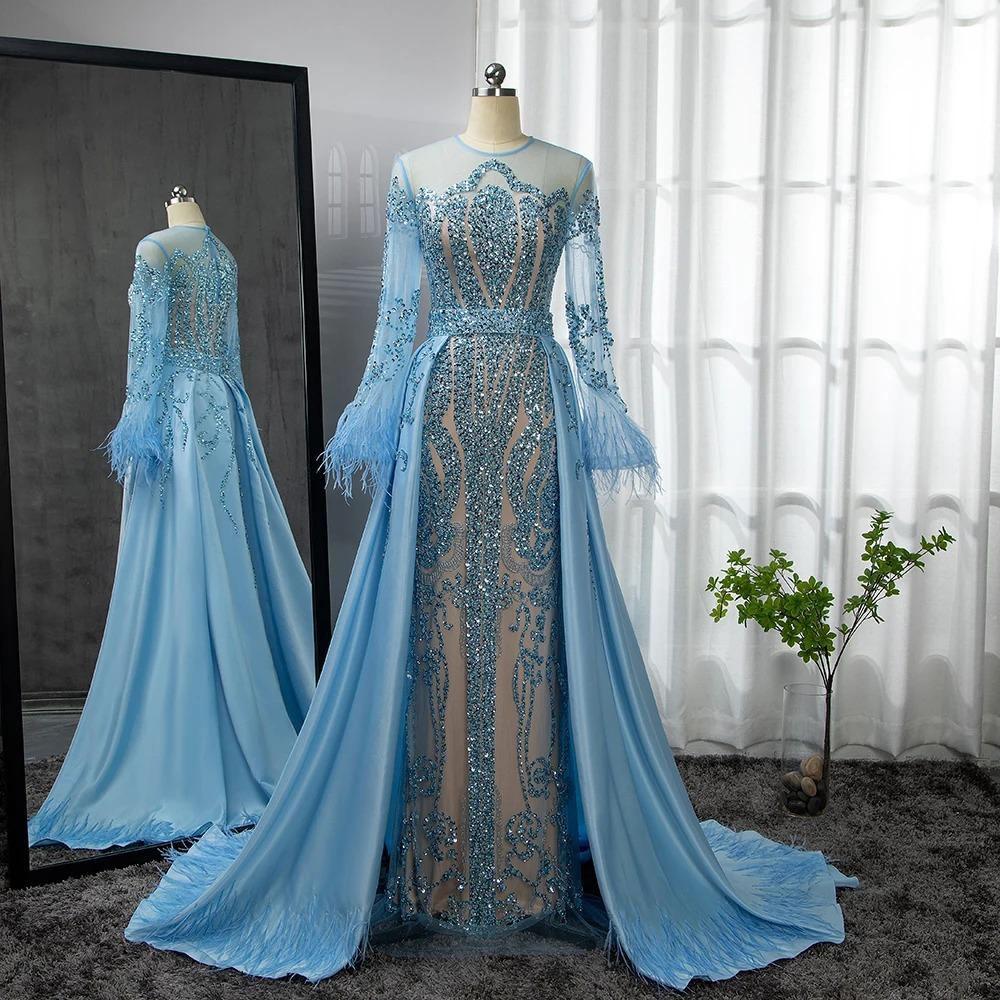 Pink Elegant Feather Long Sleeve Evening Dress Celebrity Banquet Host Playing Fishtail Dress LA10911
