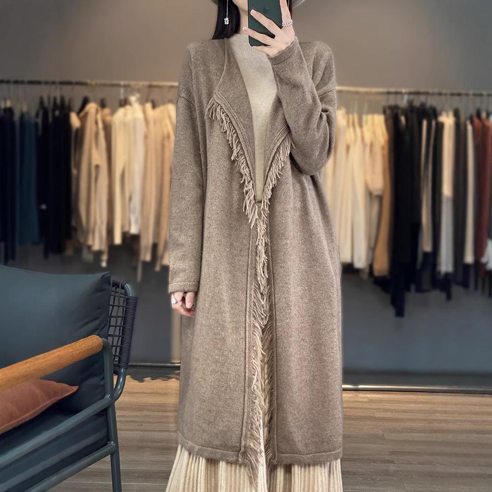 

Women s Long V-Neck Wool Cardigan with Tassels - Autumn/Winter Fashionable Casual Coat M (95-130 jin)