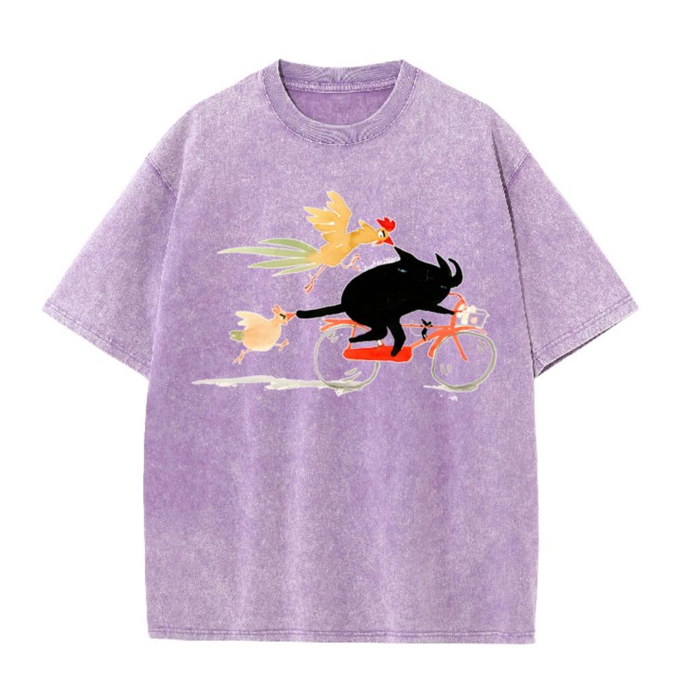 Retro Washed Brown T-shirt Men Funny Animal Graphic Tee Cat Riding Bike Casual Loose Cotton Short Sleeve