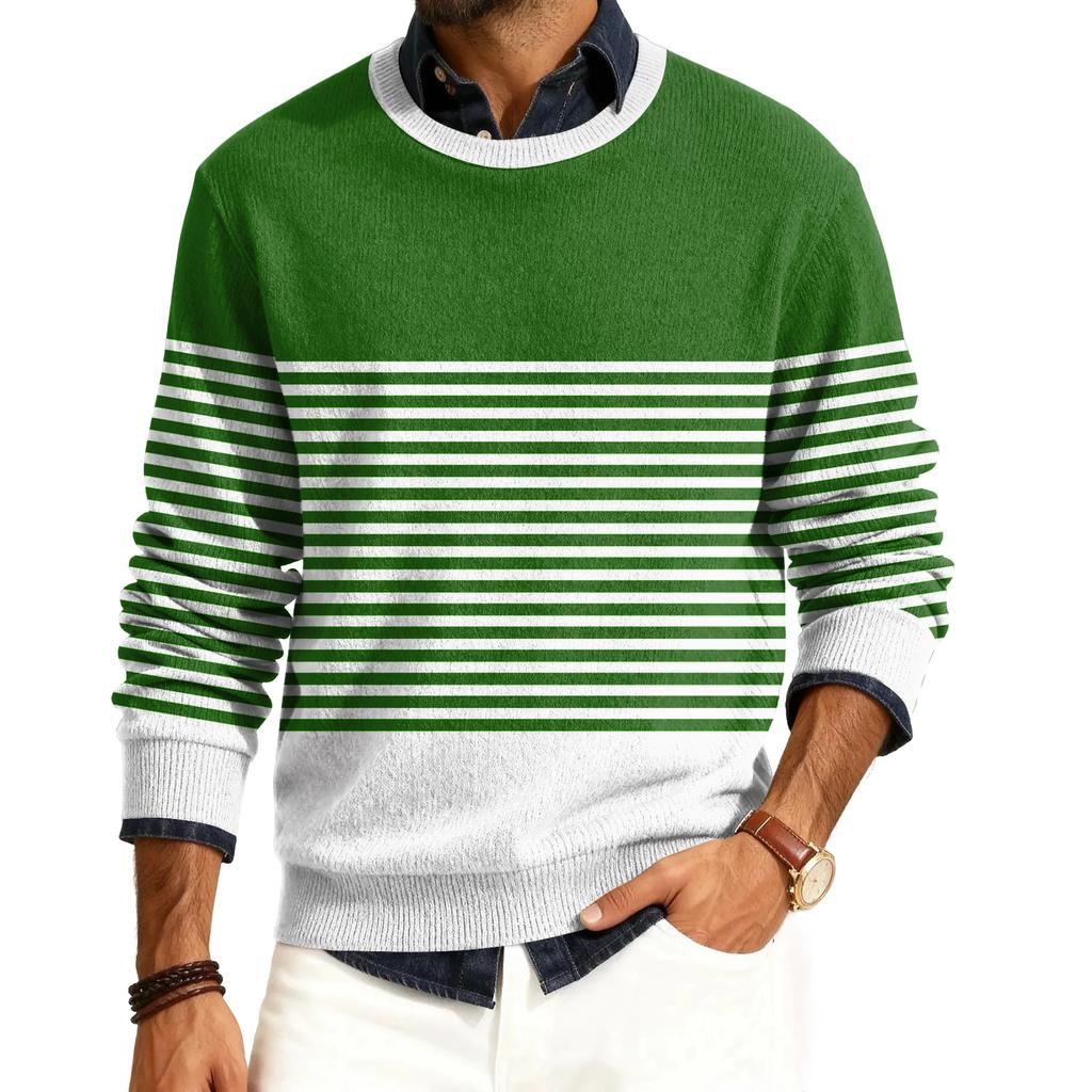 Męski sweter z okrągłym dekoltem, długim rękawem i prążkowanej dzianiny