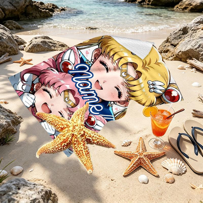 Custom Name Personalized Sailor Moon Print Beach Towel, for Trip Camping Beach Party Home Decor, Birthday Gift for Family & Friends