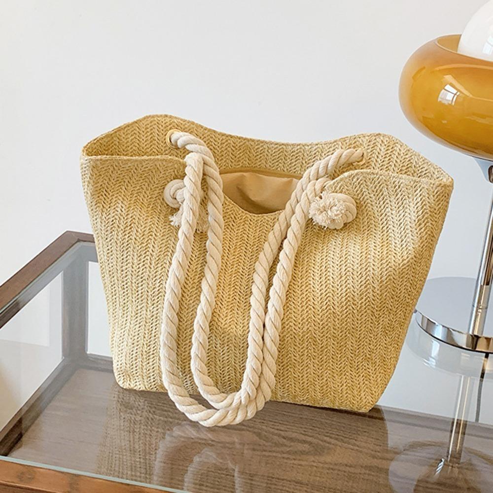 Solid Color Women Straw Tote Bag Bohemian Underarm Shoulder Bag Casual Beach Handbag  Travel