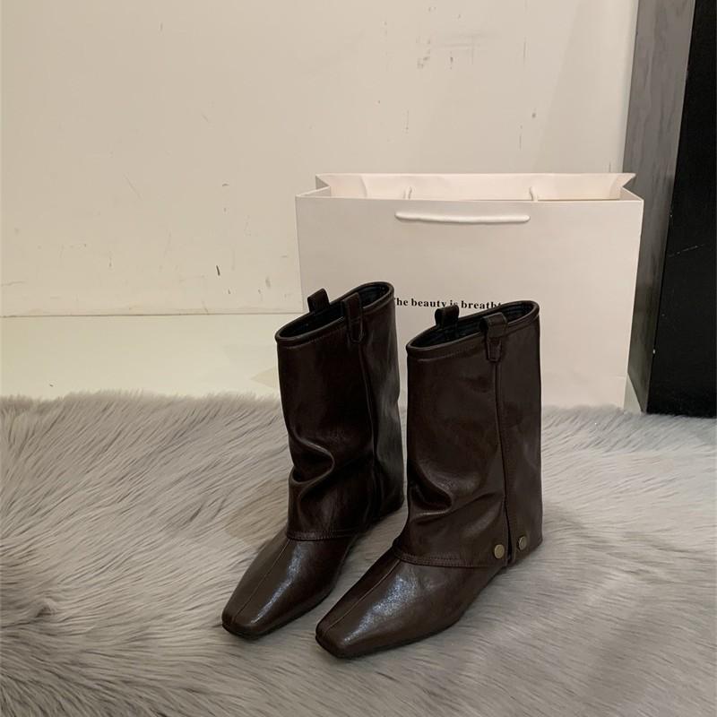 Retro Wasteland Wind Western Cowboy Boots Women's Autumn and Winter New Square Head Pants Boots Thick Heel Skinny Pile Short Boots