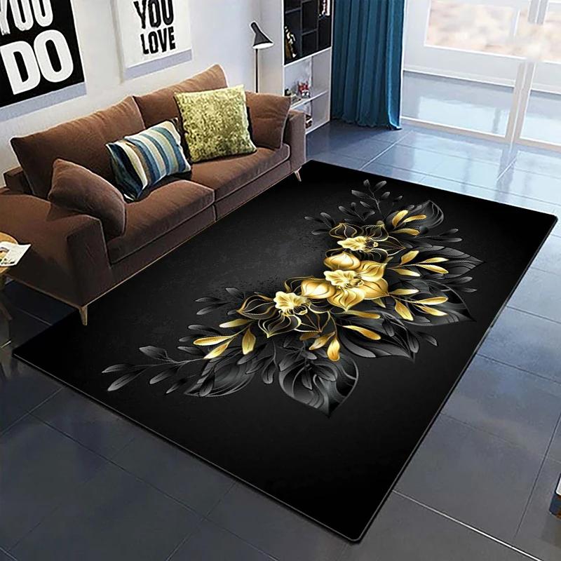 Goldene Rose Blumenteppich Für Zuhause Schlafzimmer Wohnzimmer Sofa Tisch Dekor Weicher Teppich Küchenbodenmatte 3D-Druck Blumenmuster Fußmatte