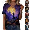 Women's Fashion Casual Halloween Print V Neck Short Sleeve Button T Shirt Top Suitable for Everyday Wear and Seasonal Events