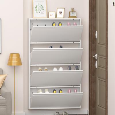 Metalen Schoenenkast met 4 Klaplades, Wandmontage Schoenorganizer, Smal Slank Verborgen Schoenrek Opbergruimte voor Entree, Wit