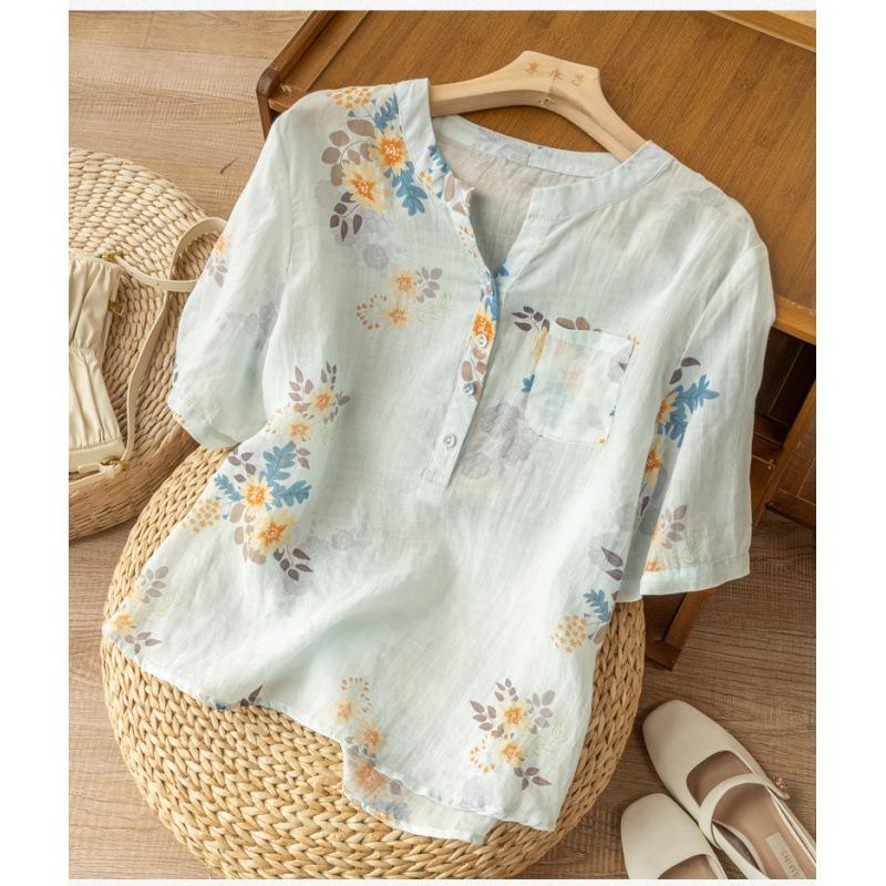 Summer Cotton Linen Blouses Art Retro Print Slimming Short Sleeved Shirt Top for Women