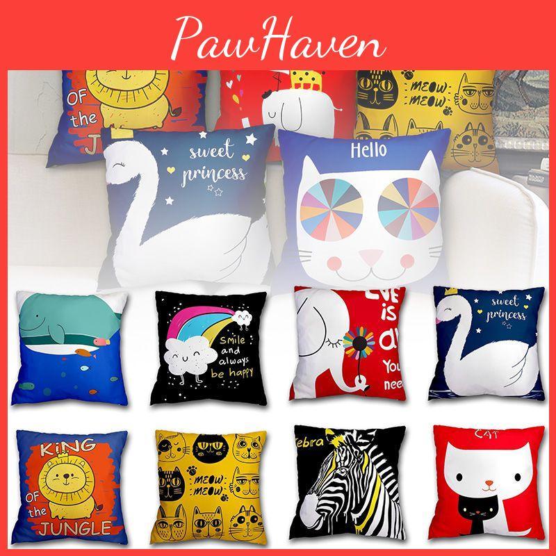 Cartoon Printed Cushion Cover Square Shape Peachskin Fabric For Home Decor