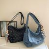 Denim Bag Women's Shoulder Bag Large Capacity Tote Bag Bow Print Commuter Crossbody Bag