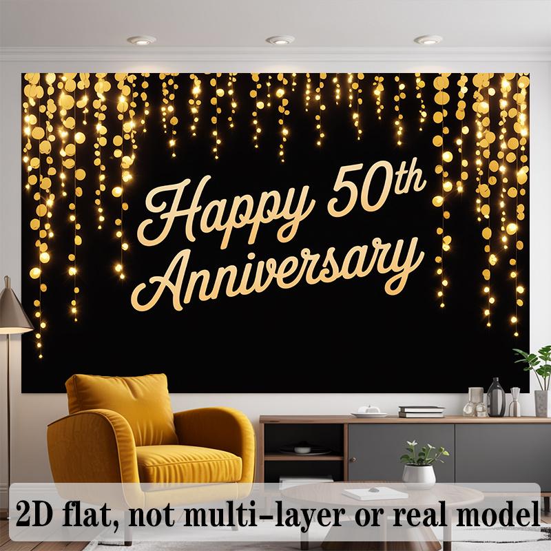 50th Anniversary Banner, Golden String Lights Backdrop Wall Decor for Celebration