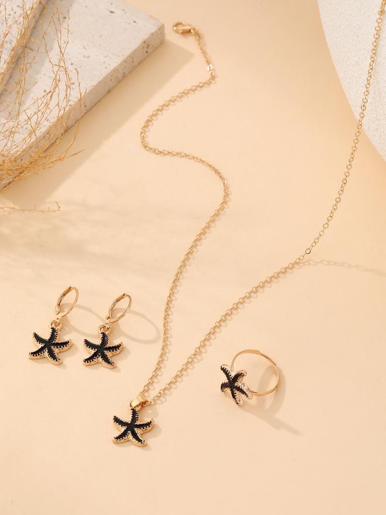 Set di Gioielli Minimalista Stella Marina Collana Orecchini Anello 3 Pezzi Elegante Ciondolo Choker Orecchini a Bottone Fascia Regalo Versatile per Donne