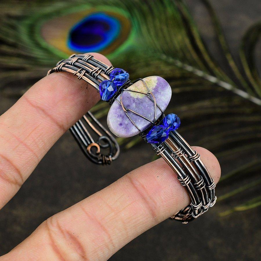 Natural Russian Charoite Gemstone Copper Wire Wrap Cuff Bangle Adjustable D5t54