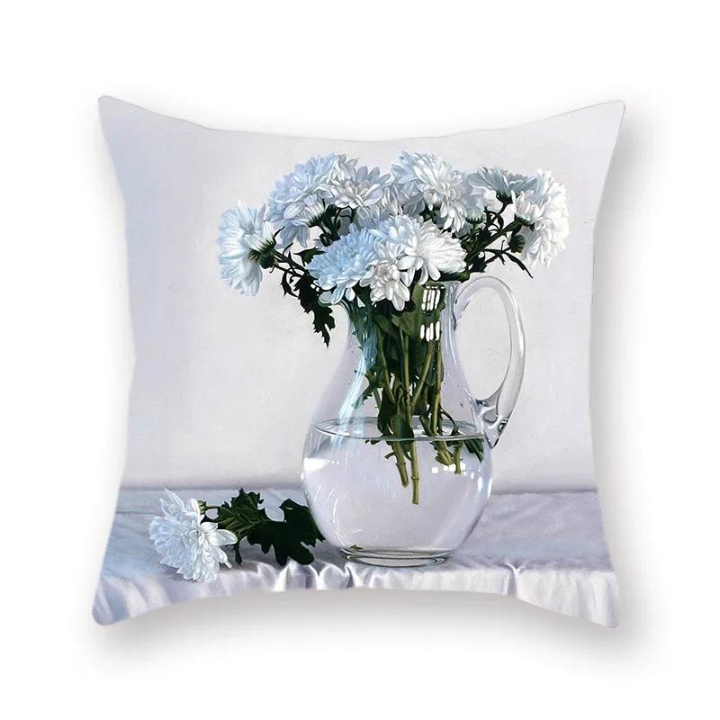 Retro Oil Painting Vase Flower Series Decorative Polyester Throw Pillowcase Living Room Sofa Car Square Cushion Cover Home Decor