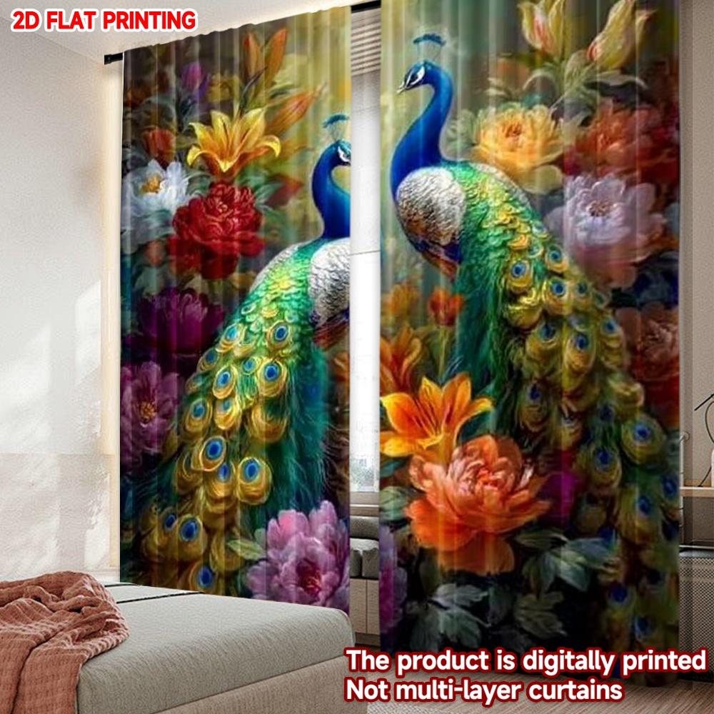 2D flat printing 2pcs Window Treatment Curtains Colorful Peacocks Among Flowers Digital Printed Polyester Drapes Seasonal Party