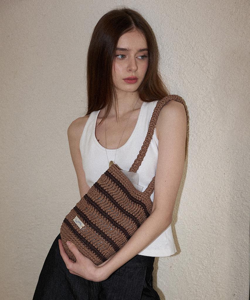 Slowslowly Moroccan Handmade Crochet Stripe Bucket Bag _ Brown
