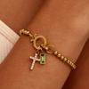Vintage Christian Jewelry Cross Birthstone Charm Bracelet 18K Gold Plated Beaded Chain Stretch Bracelets for Women Mother Gift