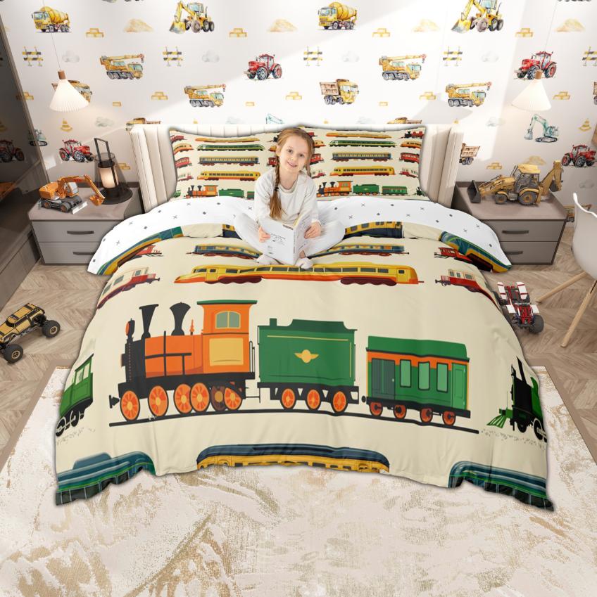 Homewish Zestaw poszewki na kołdrę dla dzieci z kreskówkowym samochodem 2 szt./3 szt., Urocza pościel z motywem pociągu, ciężarówki, traktora, Pościel z motywem transportu